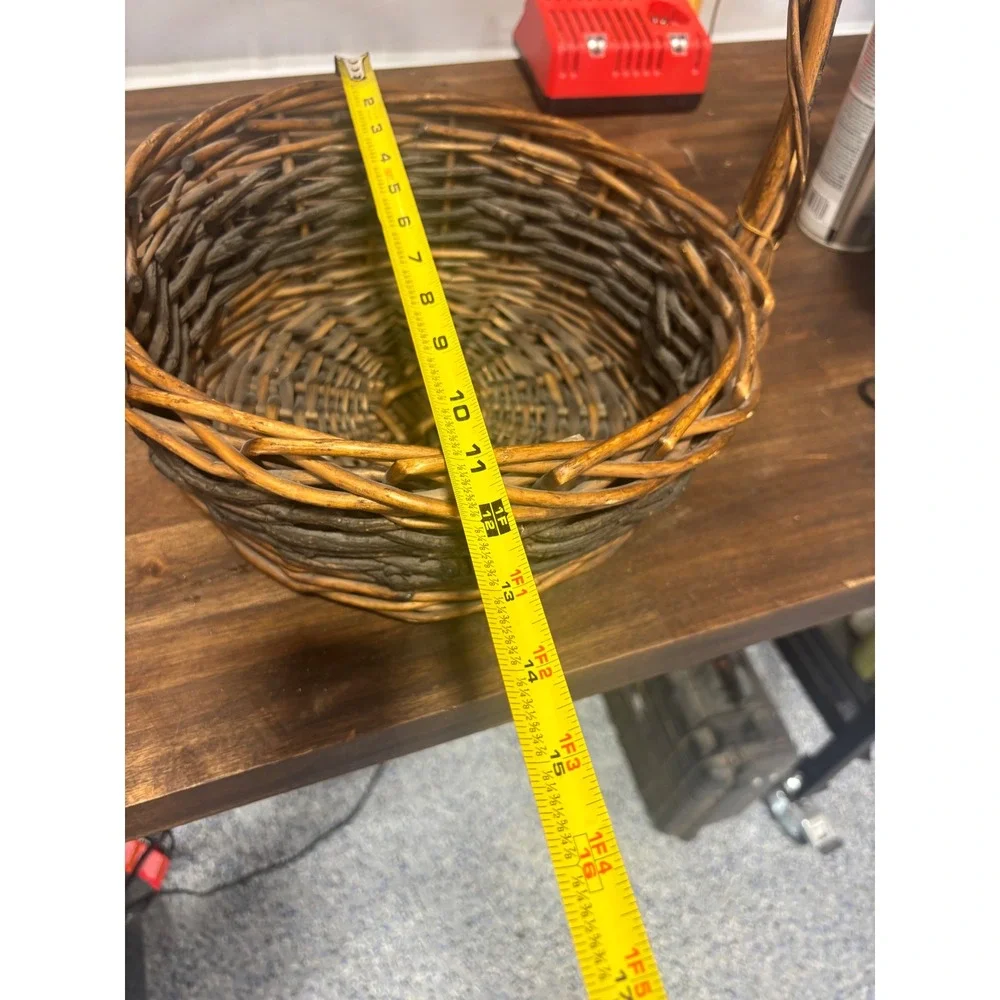 Rustic Two Tone Wicker Basket with Handle Round Woven Farmhouse Decor 11 inch